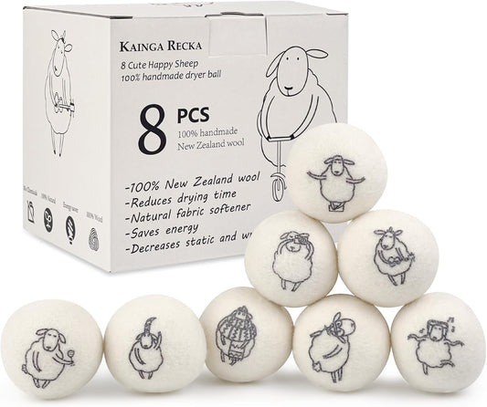 Wool Dryer Balls, 8PCS Dryer Balls with Happy Sheep - Natural & Organic, 100% New Zealand Wool