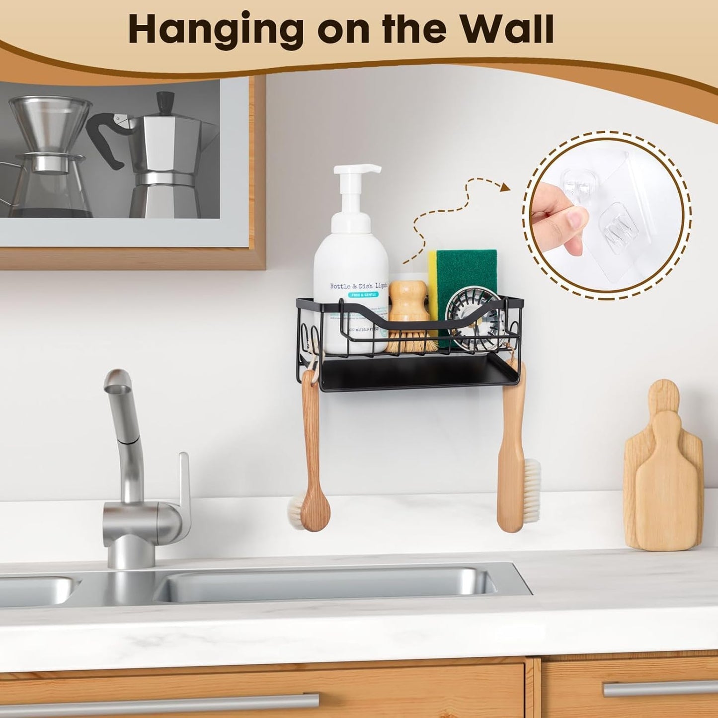 Sponge Holder for Kitchen Sink - Sink Caddy Organizer with Auto Drain Tray, Detachable Towel Rack