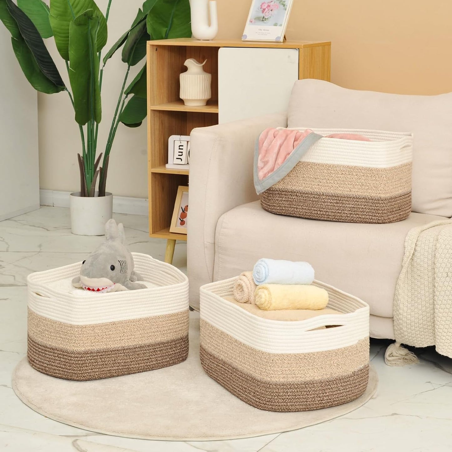 Large Storage Baskets for Organizing Shelves, Woven Cotton Rope Bins for Baby Nursery Organization