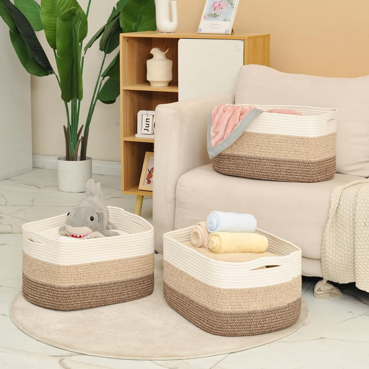 Large Storage Baskets for Organizing Shelves, Woven Cotton Rope Bins for Baby Nursery Organization