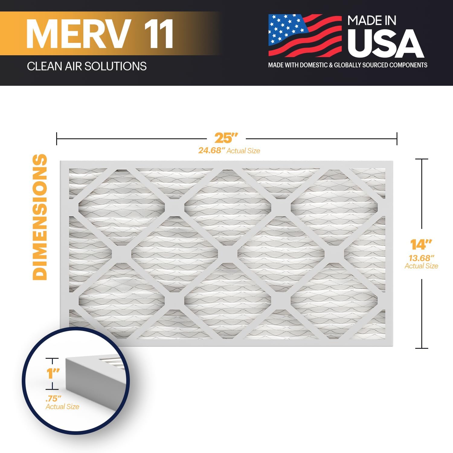 BNX TruFilter 14x25x1 Air Filter MERV 11 (6-Pack) - MADE IN USA - Allergen Defense Electrostatic