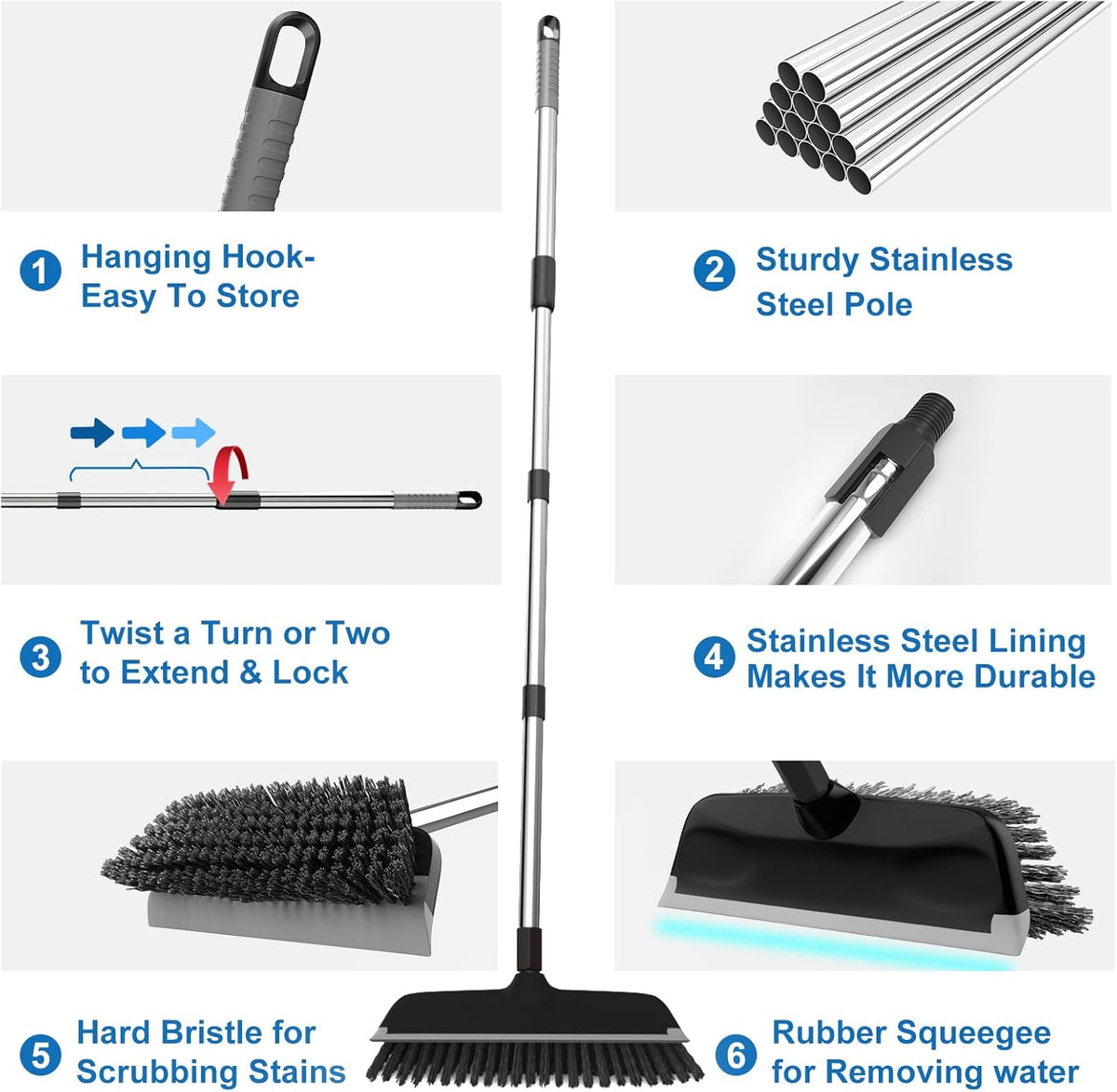 ITTAR Scrub Brush with Long Handle, 10" Wide Stiff Bristles Deck Brush, Heavy-Duty Floor Cleaning