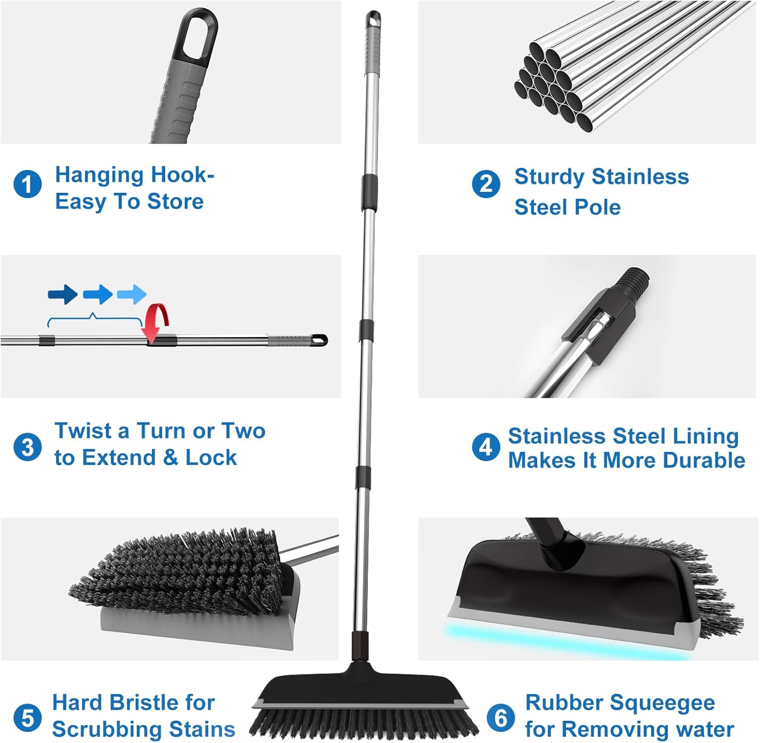 ITTAR Scrub Brush with Long Handle, 10" Wide Stiff Bristles Deck Brush, Heavy-Duty Floor Cleaning