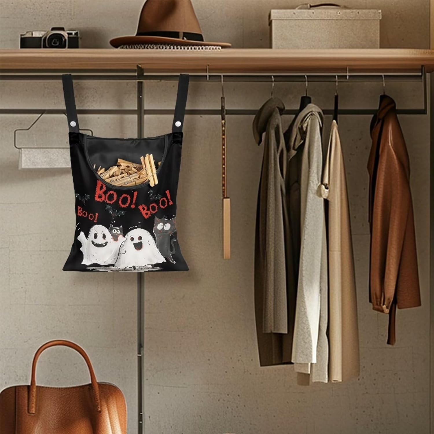 Cute Ghost Clothespin Bag Laundry Hanging Storage Organizer with Rope Clothespin Holder with an