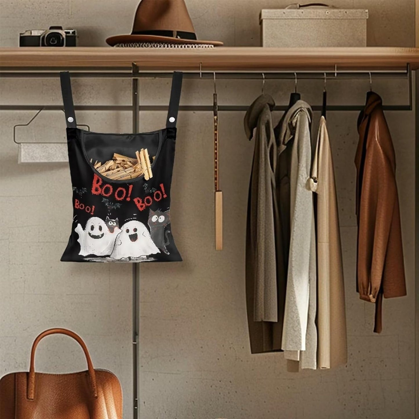 Cute Ghost Clothespin Bag Laundry Hanging Storage Organizer with Rope Clothespin Holder with an