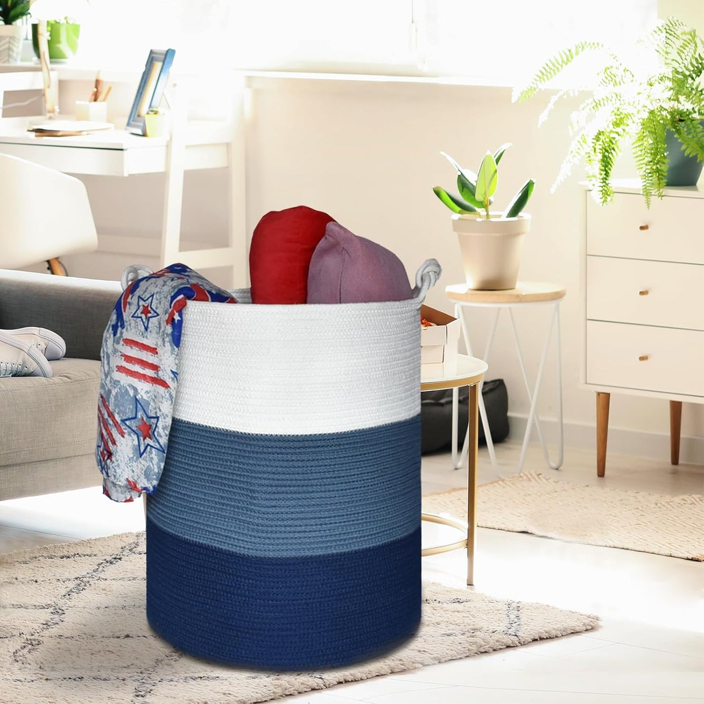 COMSE Extra Large Blanket Basket, Tall Woven Storage Basket, Nursery Hamper, 15.7”x 21.7”, Cotton