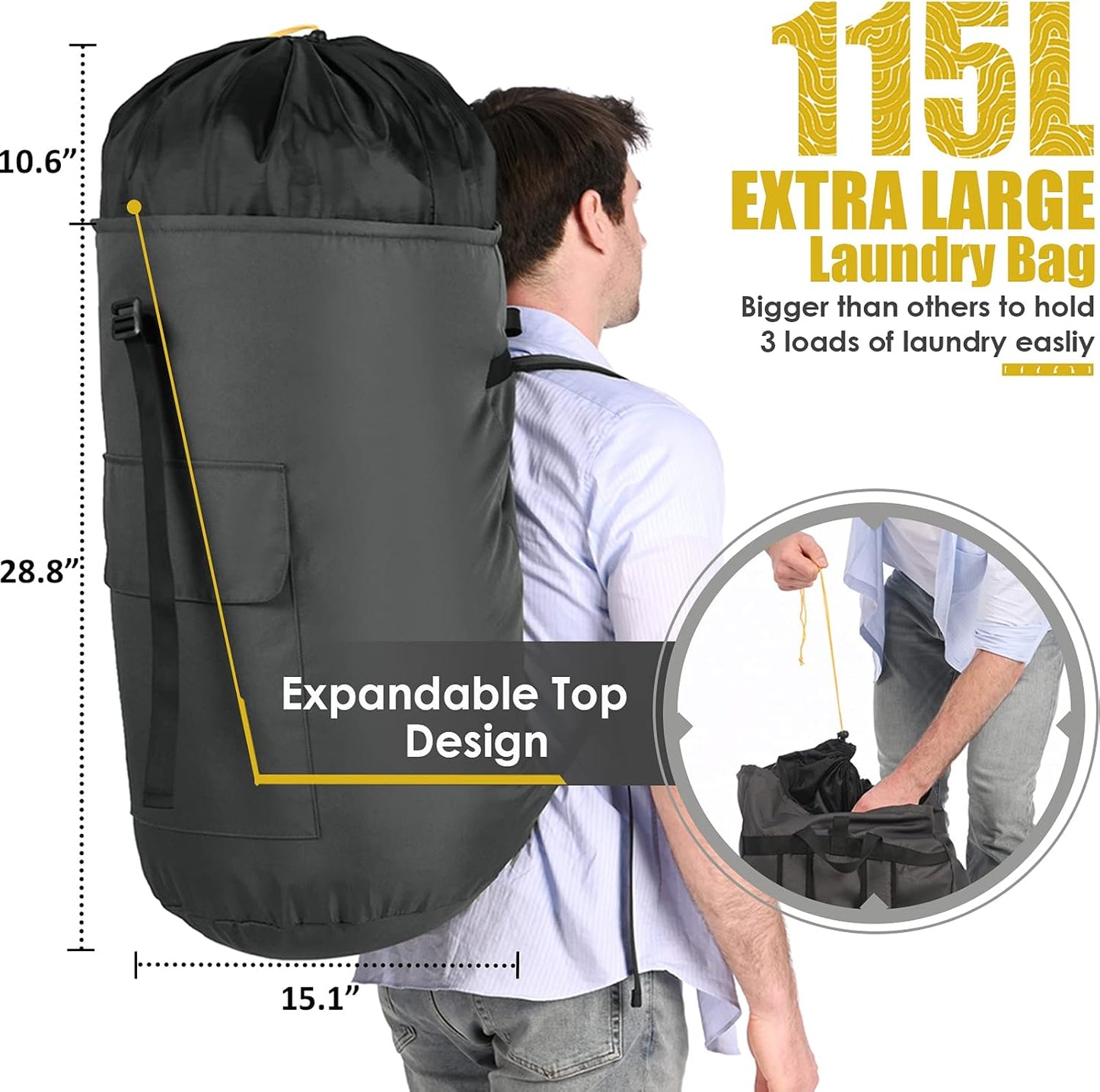 Laundry Backpack Bag, 115L Extra Large Laundry Bags with straps, Heavy Duty Laundry Bag Backpack