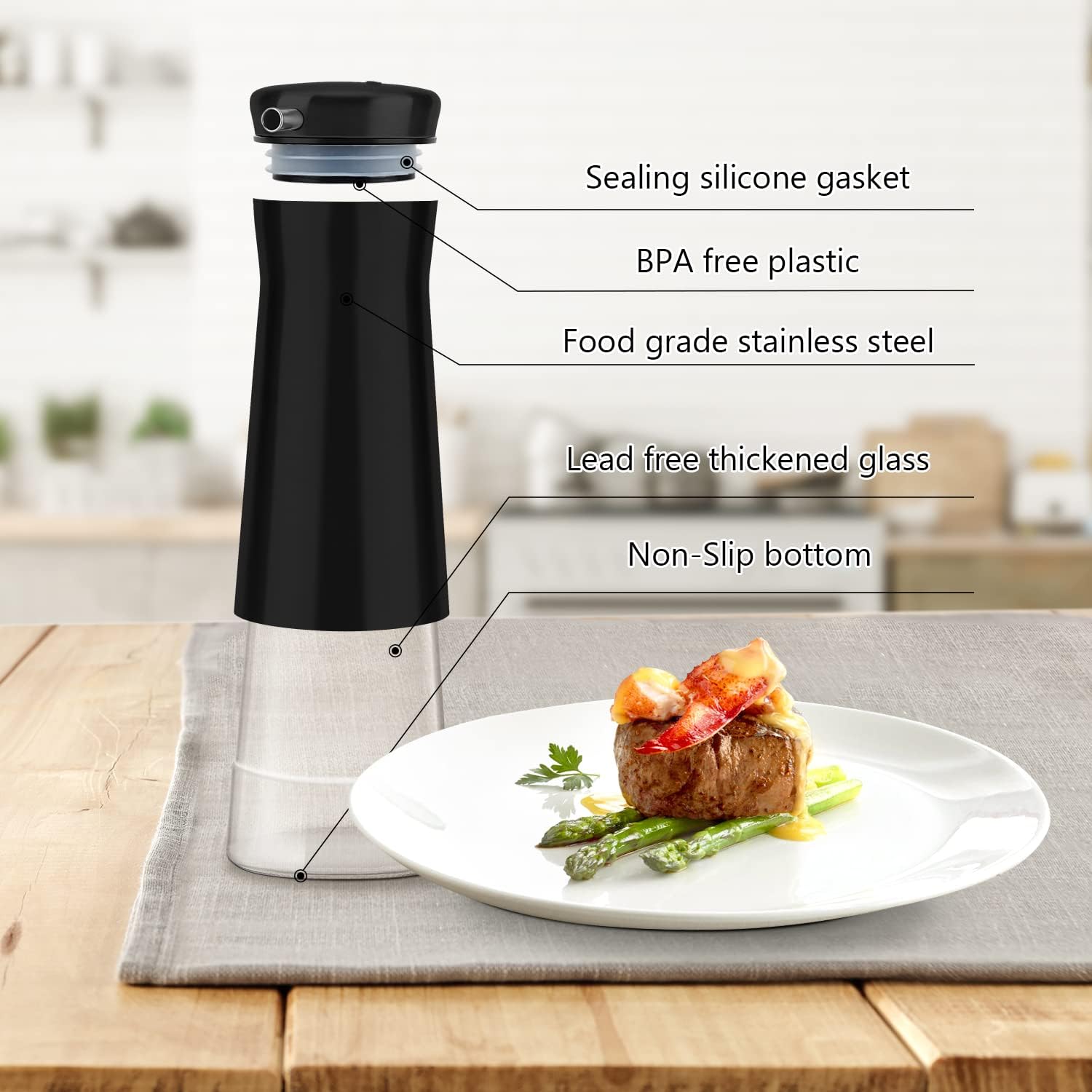 Aelga Black Oil And Vinegar Dispenser Set - 2 Pack Oil Dispenser Bottle for Kitchen with No-Drip