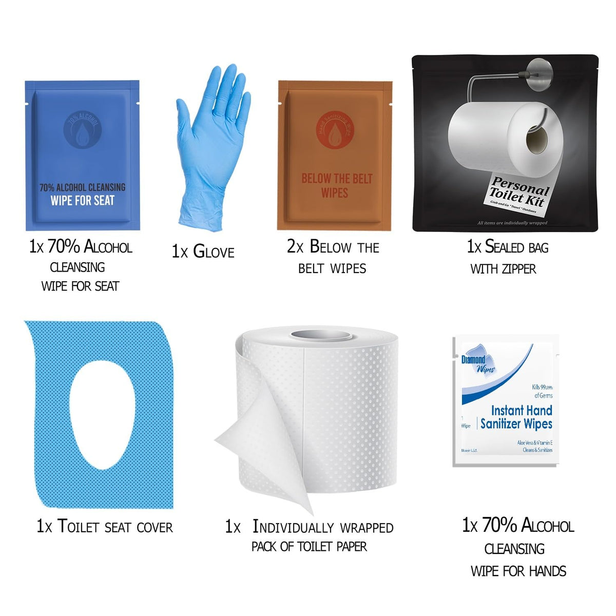 Personal Toilet Kit To Go – 10 Pack | Disposable Public Restroom Kit | Individually Wrapped for