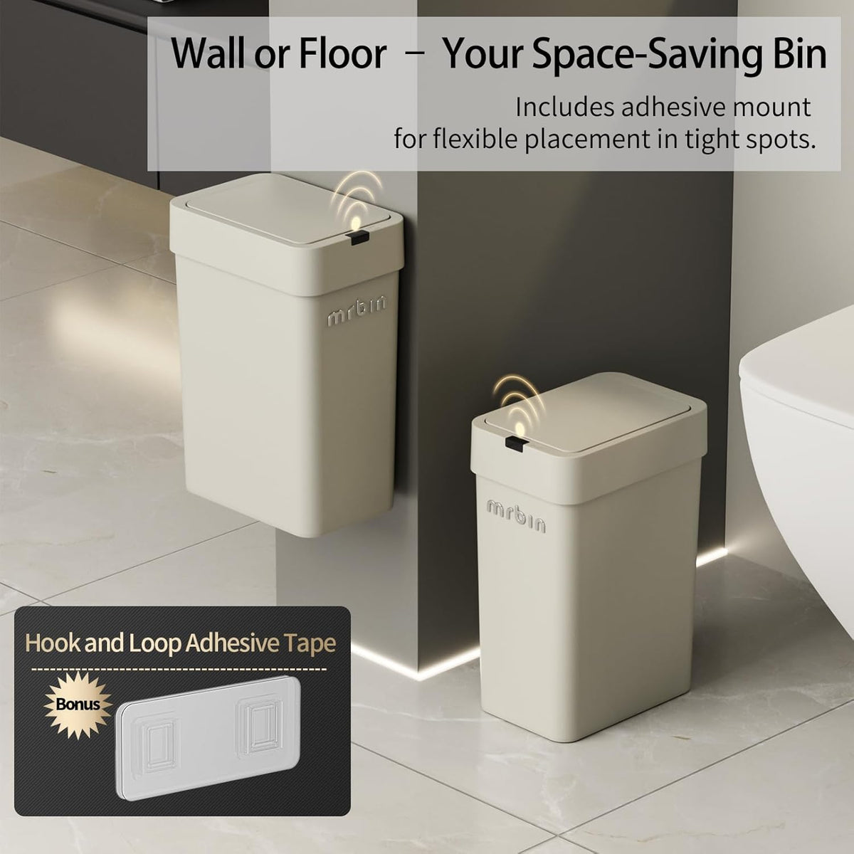 MRBIN Motion Sensor Bathroom Trash Can with Lid, 9L/2.4gal Automatic Plastic Slim Covered Electric