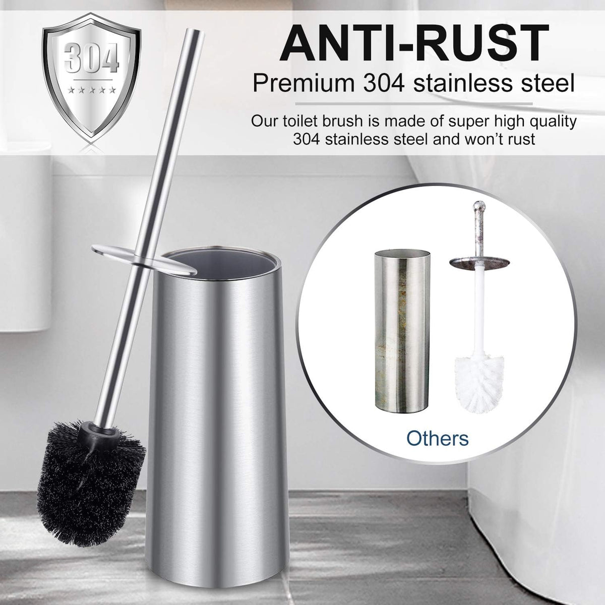 Toilet Brush and Holder, 2 Pack Toilet Brush with 304 Stainless Steel Long Handle, Toilet Bowl