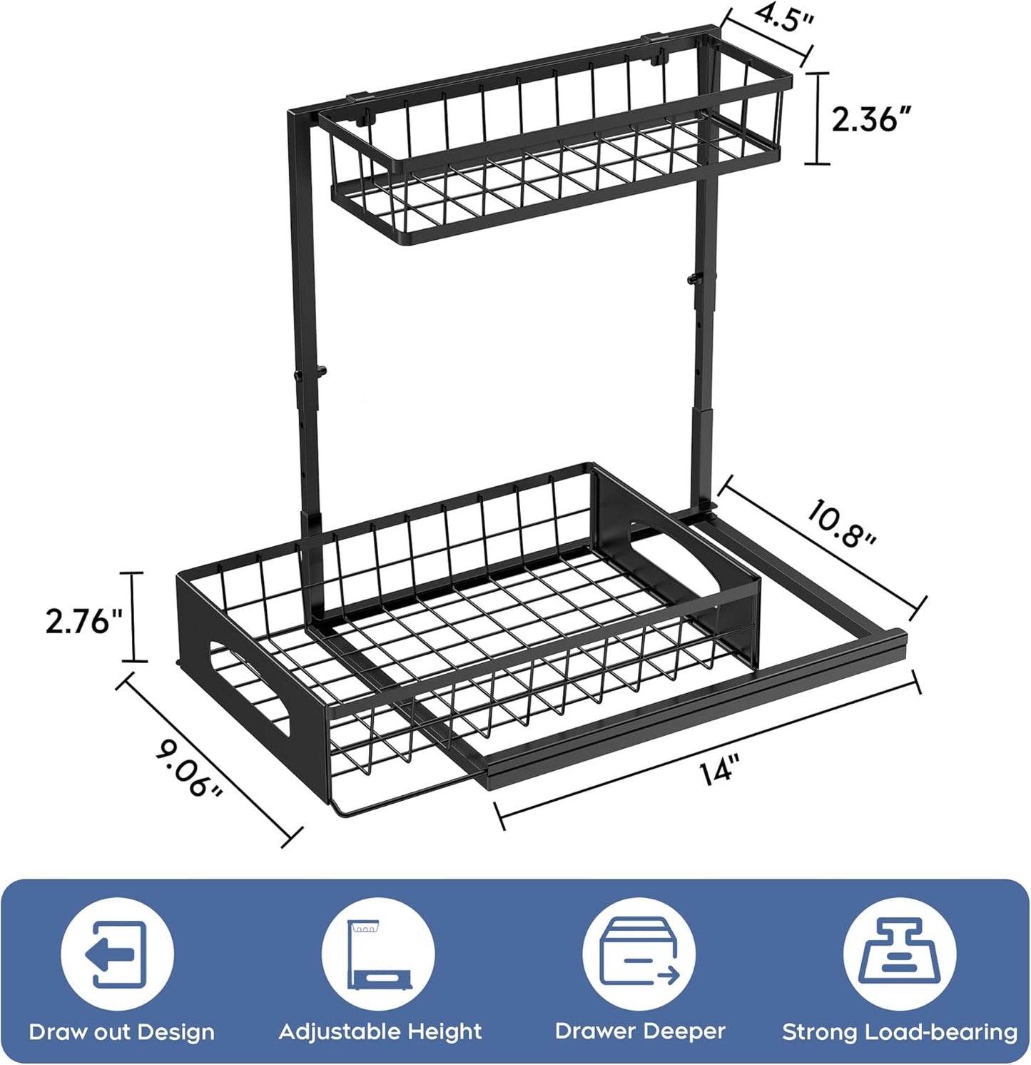 Under Sink Organizer, 2 Pack Height Adjustable Cabinet Organizer with Slide Out Drawer, Pull Out