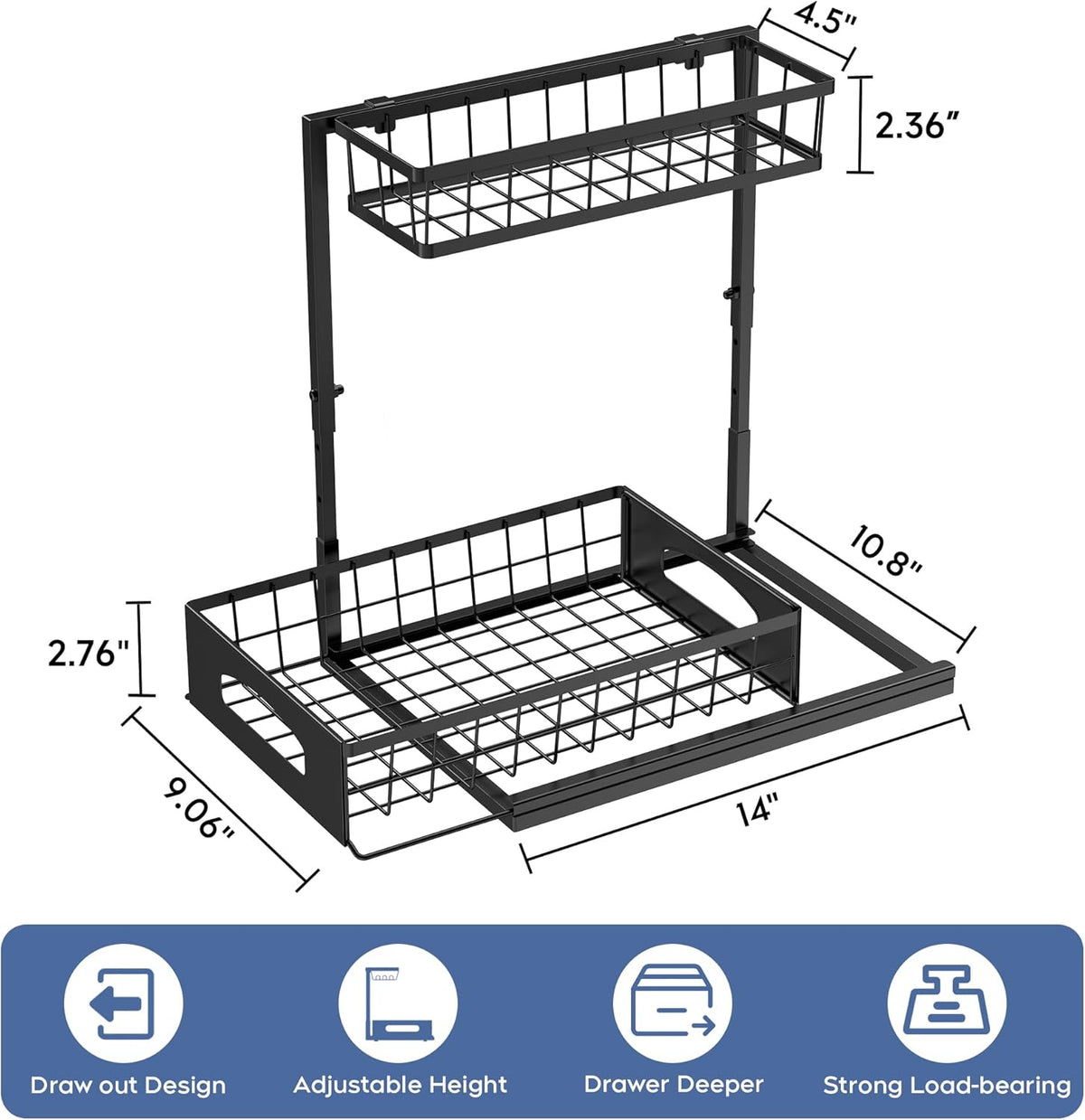 Under Sink Organizer, 2 Pack Height Adjustable Cabinet Organizer with Slide Out Drawer, Pull Out