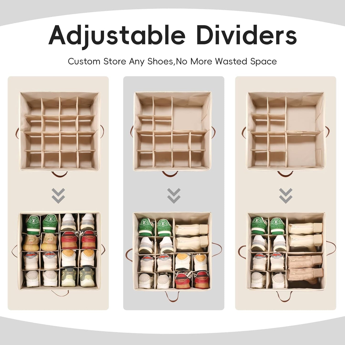 Shoe Organizer for Closet, 3 Pack Shoe Storage Bins with Clear Cover, Adjustable Dividers Fits