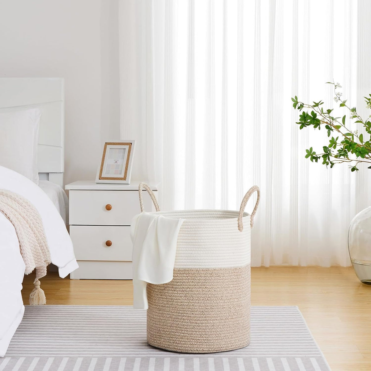 VIPOSCO Large Laundry Hamper, Tall Woven Rope Storage Basket for Blanket, Toys, Dirty Clothes in