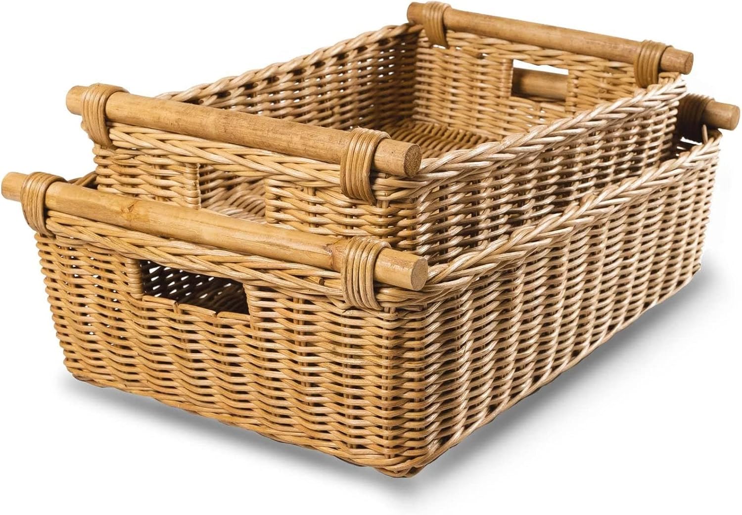 The Basket Lady Low Pole Handle Wicker Storage Basket, Large, 19.5 in L x 12.5 in W x 6 in H