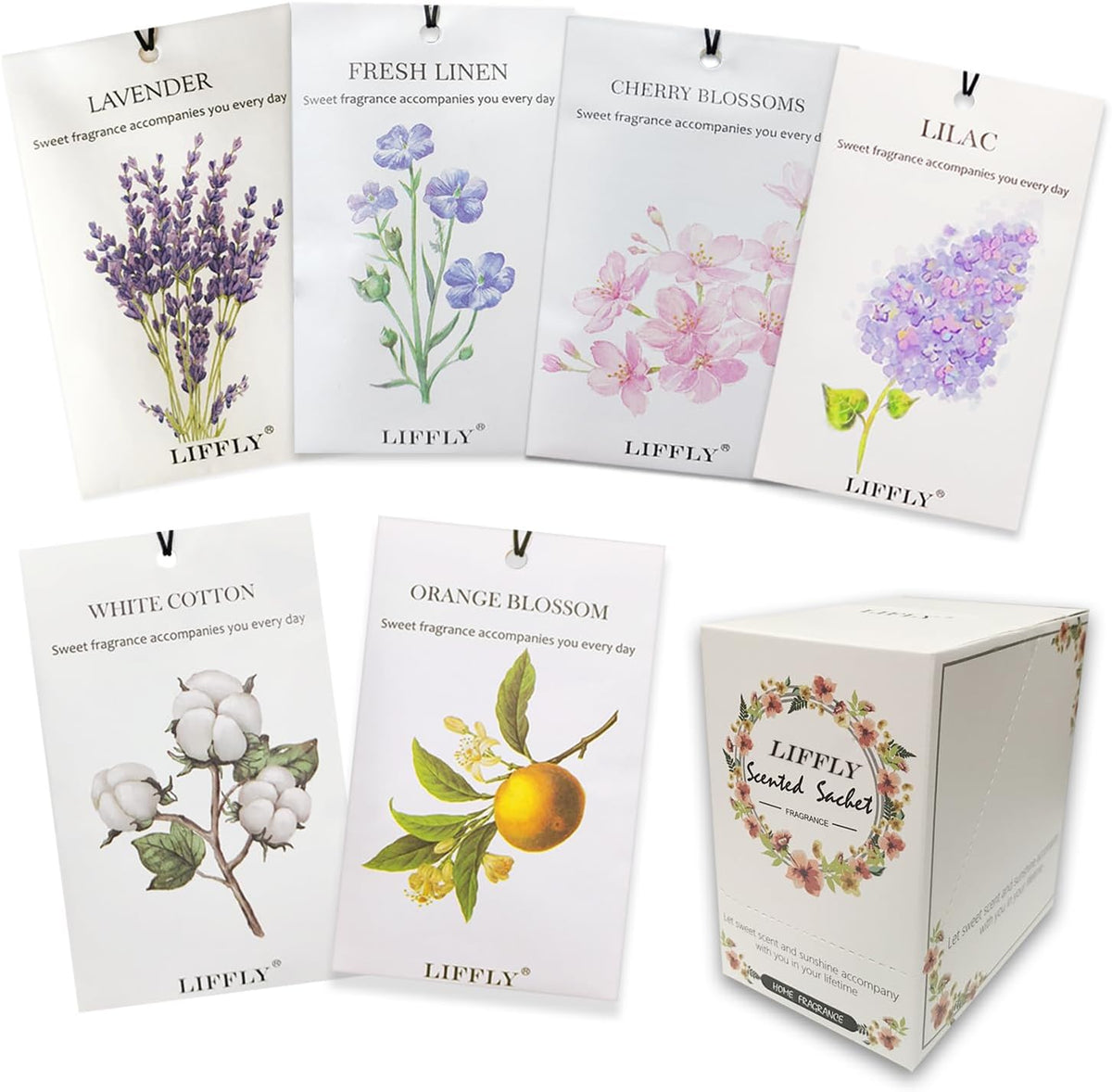 14 Packs Scented Sachets for Drawers and Closets Lavender Fresh Linen Cherry Blossoms White Cotton