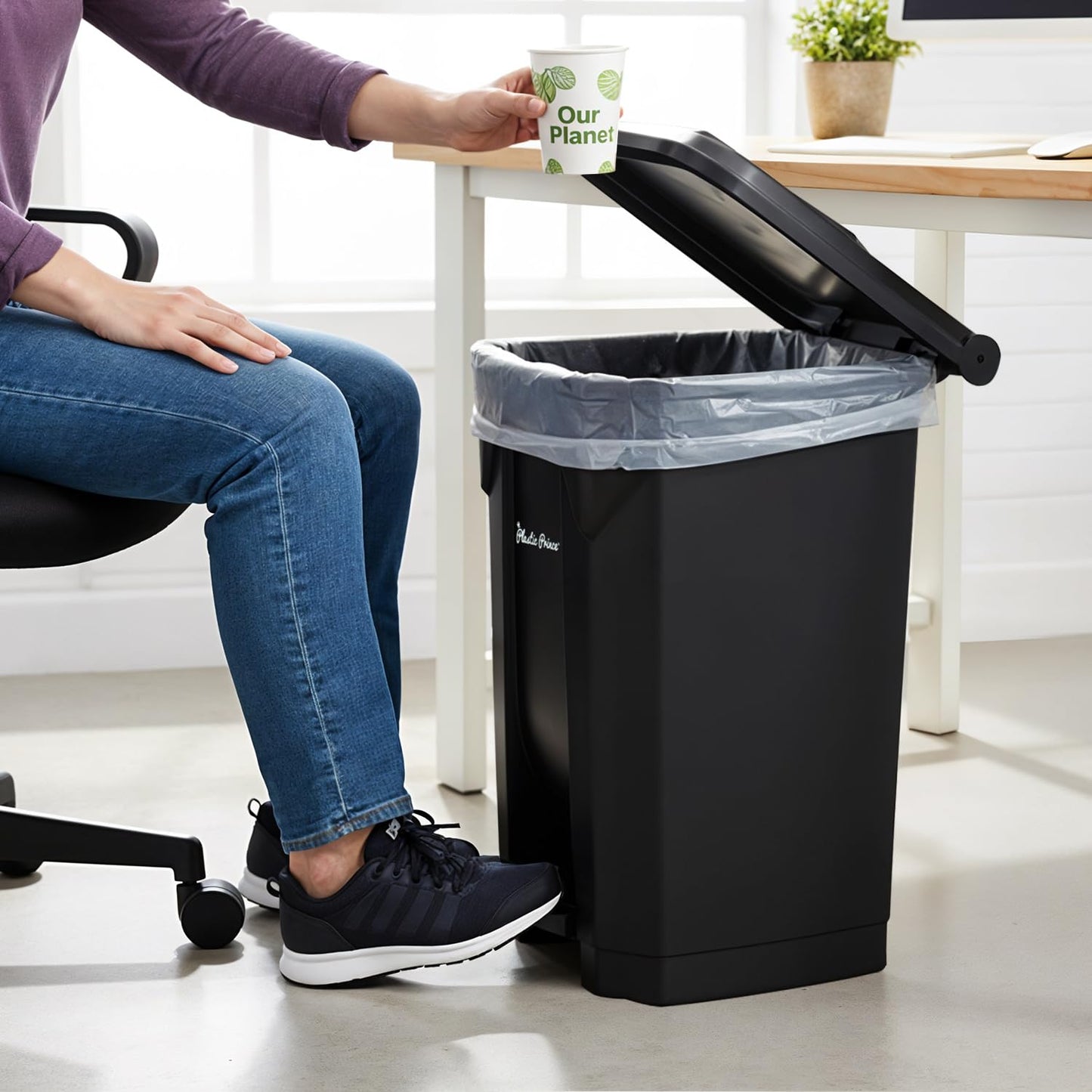 14 Gallon Step-On Trash Can/Container, Black Plastic Dustbin with Lid and Foot Pedal, Hands-Free