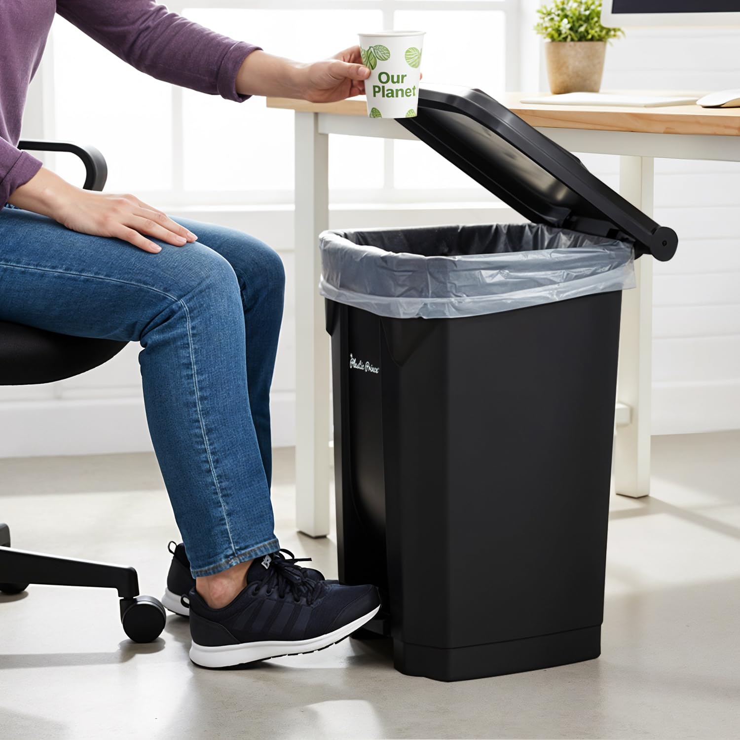 14 Gallon Step-On Trash Can/Container, Black Plastic Dustbin with Lid and Foot Pedal, Hands-Free