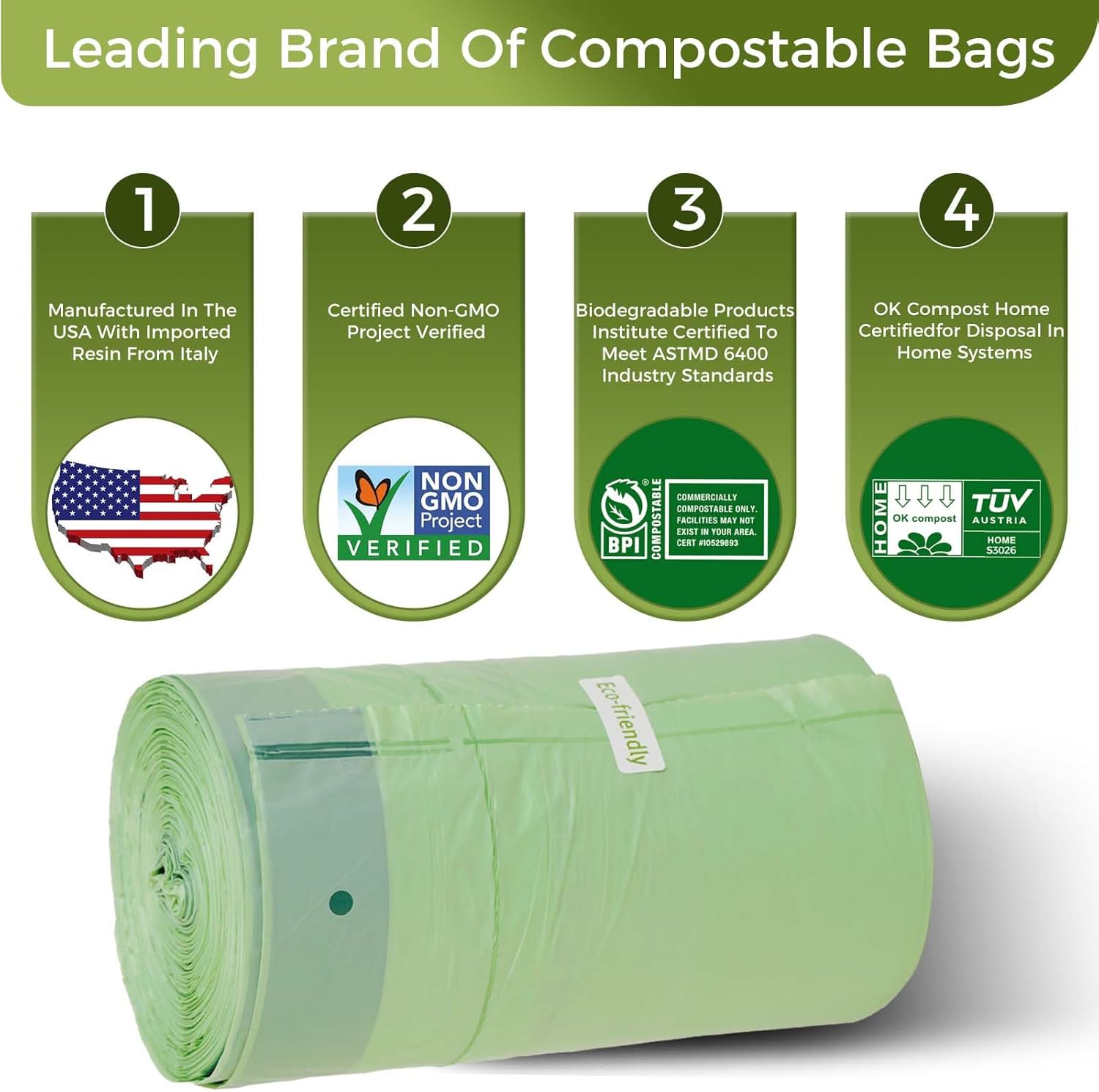 13 Gallon Compostable Trash Bags with Flat-Top, Thick 0.87 Mil, 49.21 Liter, 50 Bags, Tall Kitchen