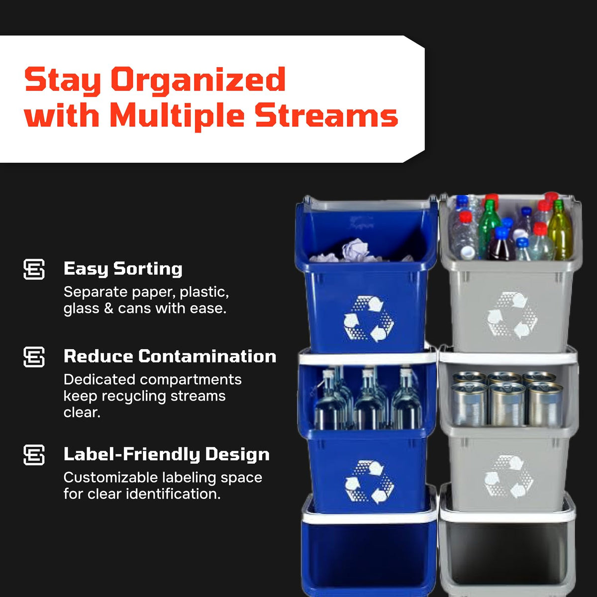 Multi Bin Recycling System with Three Stackable 6 Gallon Recycle Bins to Build Your Recycling