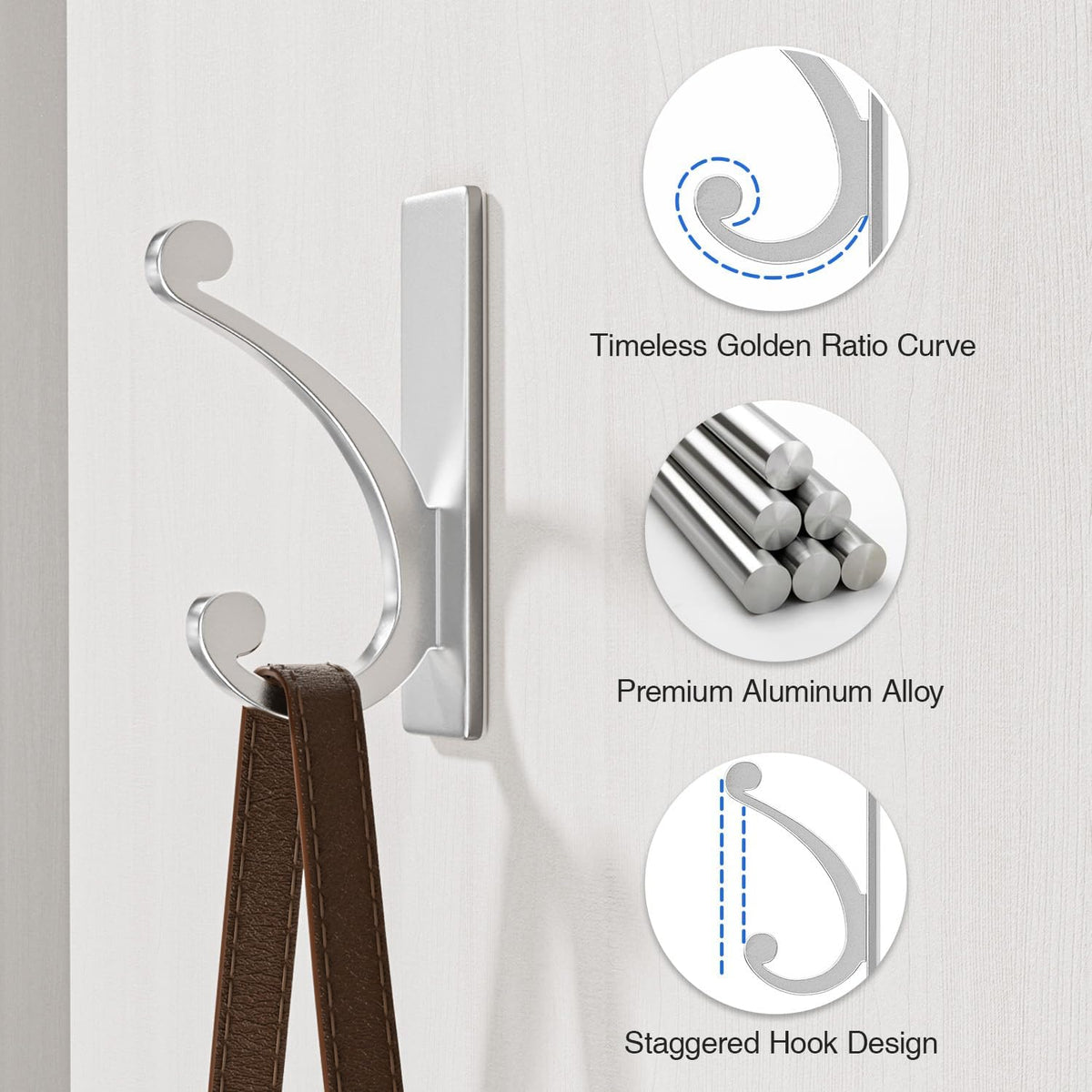 8-Pack Adhesive Wall Hook for Towel/Coat - Extra Sticky 10LB Stainless, Stick on Hanger for Bath or