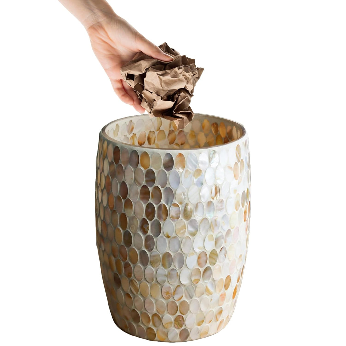 Escenzy Natural Shell Bathroom Trash Can Mosaic Glass 5L | Decorative Small Garbage Can | 7" x 10"