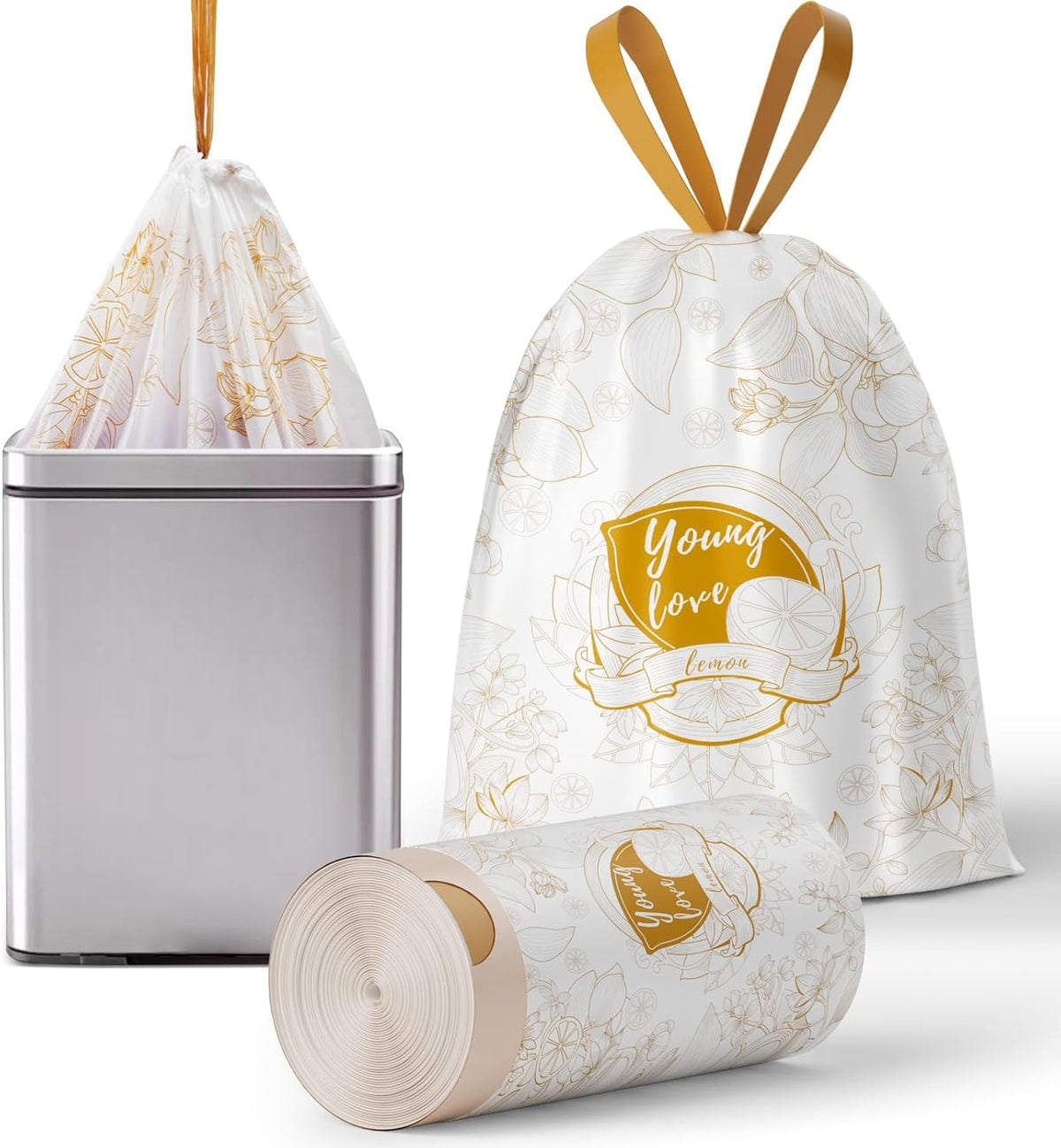 VOK 13 Gallon Trash Bags with Lemon Print & Drawstring, Tear-Resistant Tall Kitchen Garbage Bags