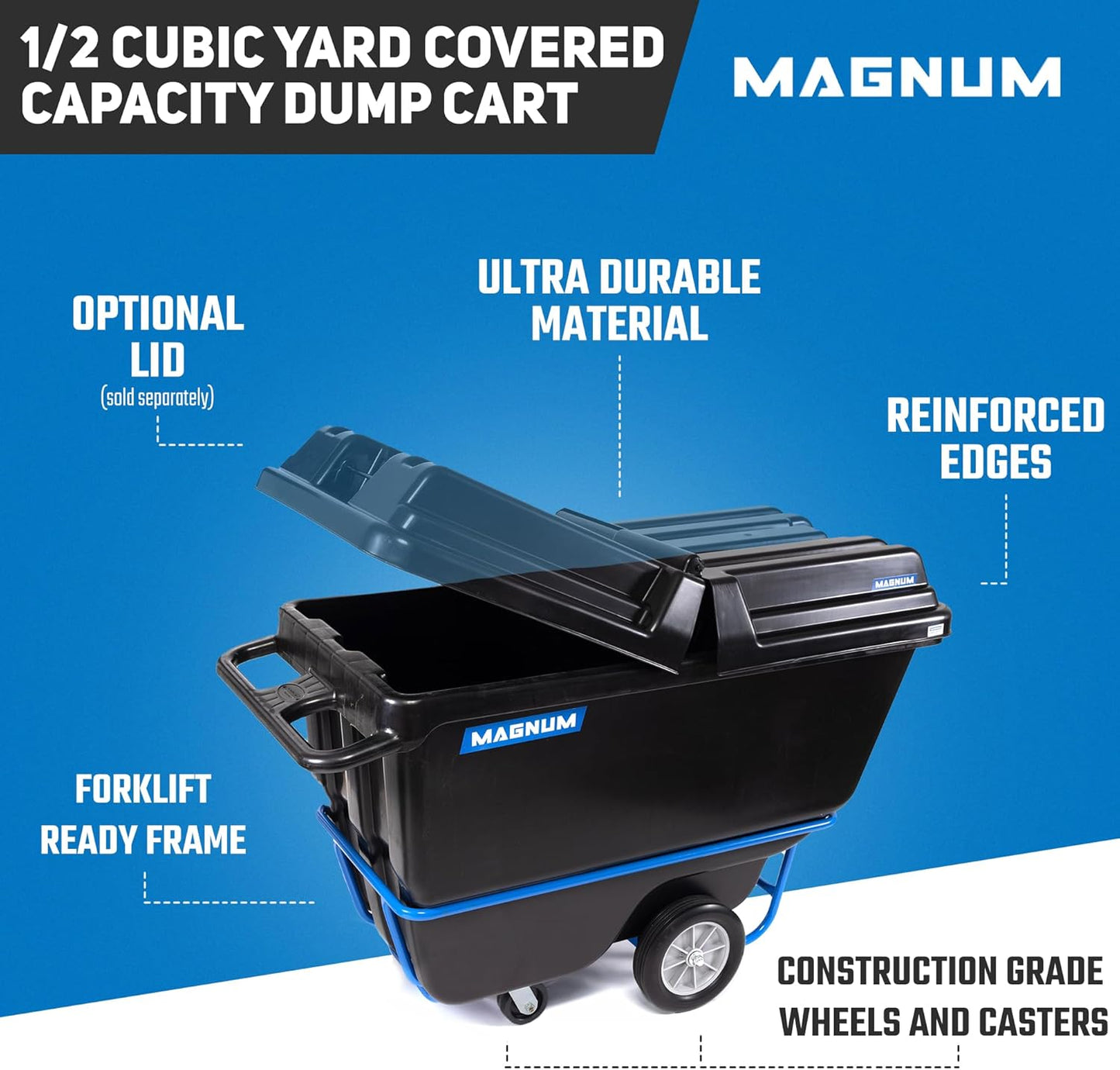 Tilt Truck, 1/2 Cu. Yd. Capacity Dump Cart with Heavy Duty 12” Wheels & 5” Casters & Forklift-able