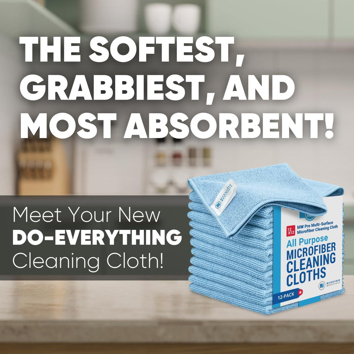 12" x 12" MW Pro Multi-Surface Microfiber Cleaning Cloths | Blue - 12 Pack | Premium Microfiber