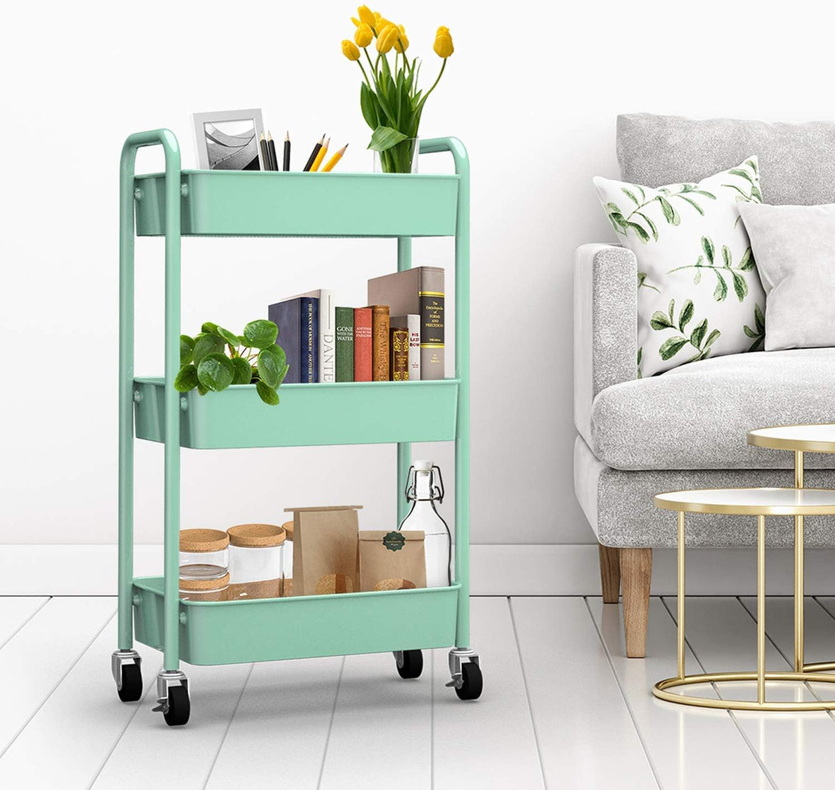 CAXXA 3-Tier Rolling Metal Storage Organizer - Mobile Utility Cart, Kitchen Cart with Caster Wheels