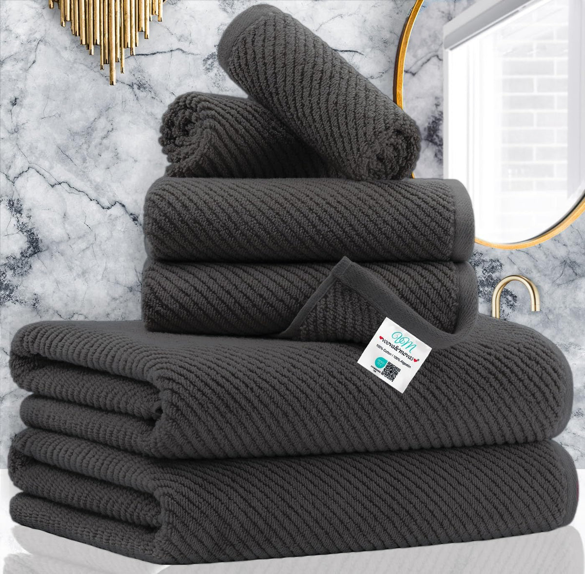 VOOVA & MOVAS Gray Towels - 100% Cotton | Lightweight | Quick Dry | Thick | Soft, Towel Set of 6, 2