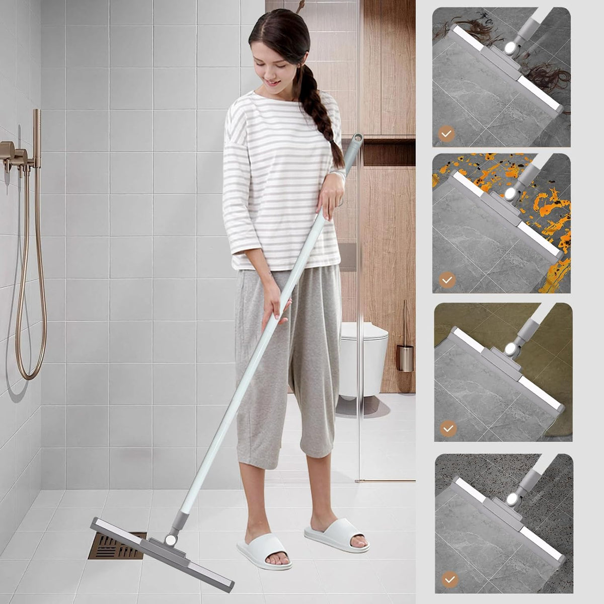 Squeegee Broom for Floor Shower Squeegee with Long Handle Rubber Wiper for Bathroom Tile Shower