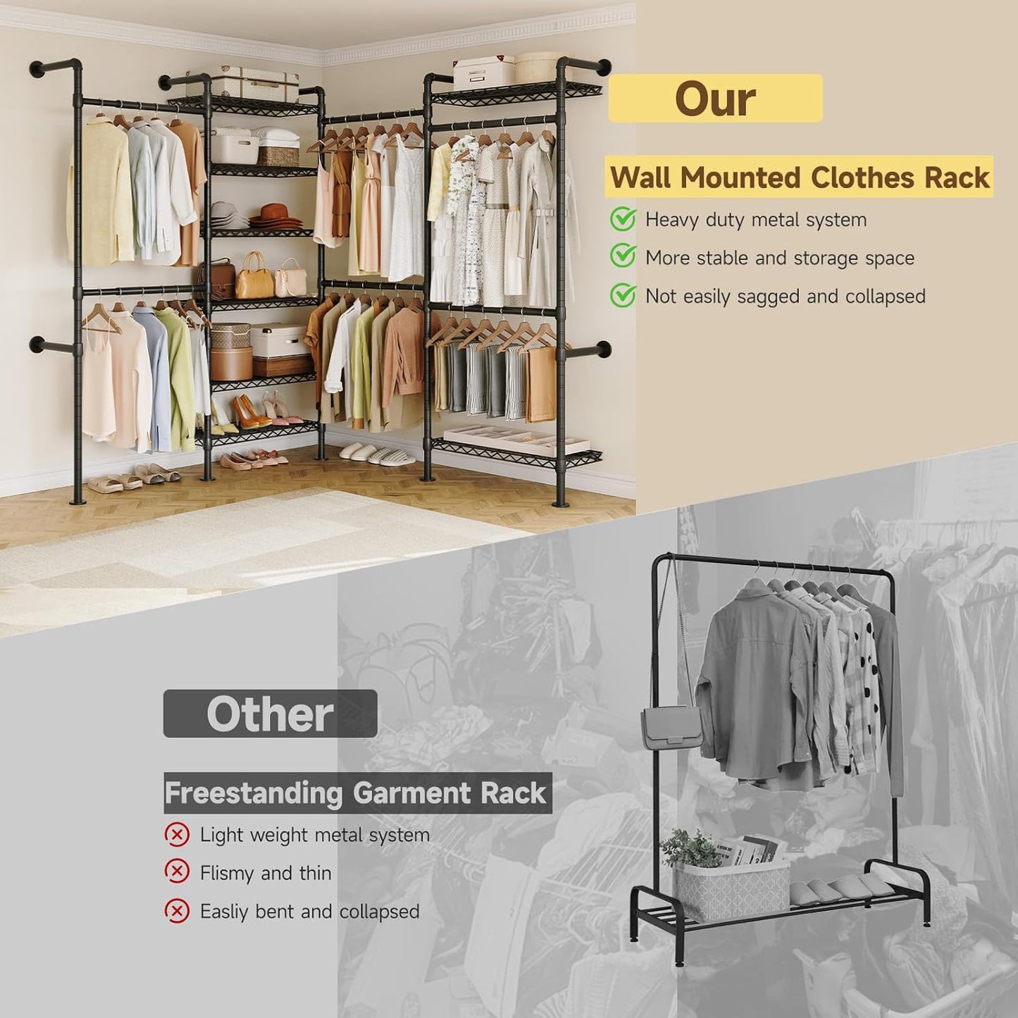 ONBRILL L4 Wall Mounted Industrial Pipe Clothing Rack, Closet Organizer System with 6 Hanging