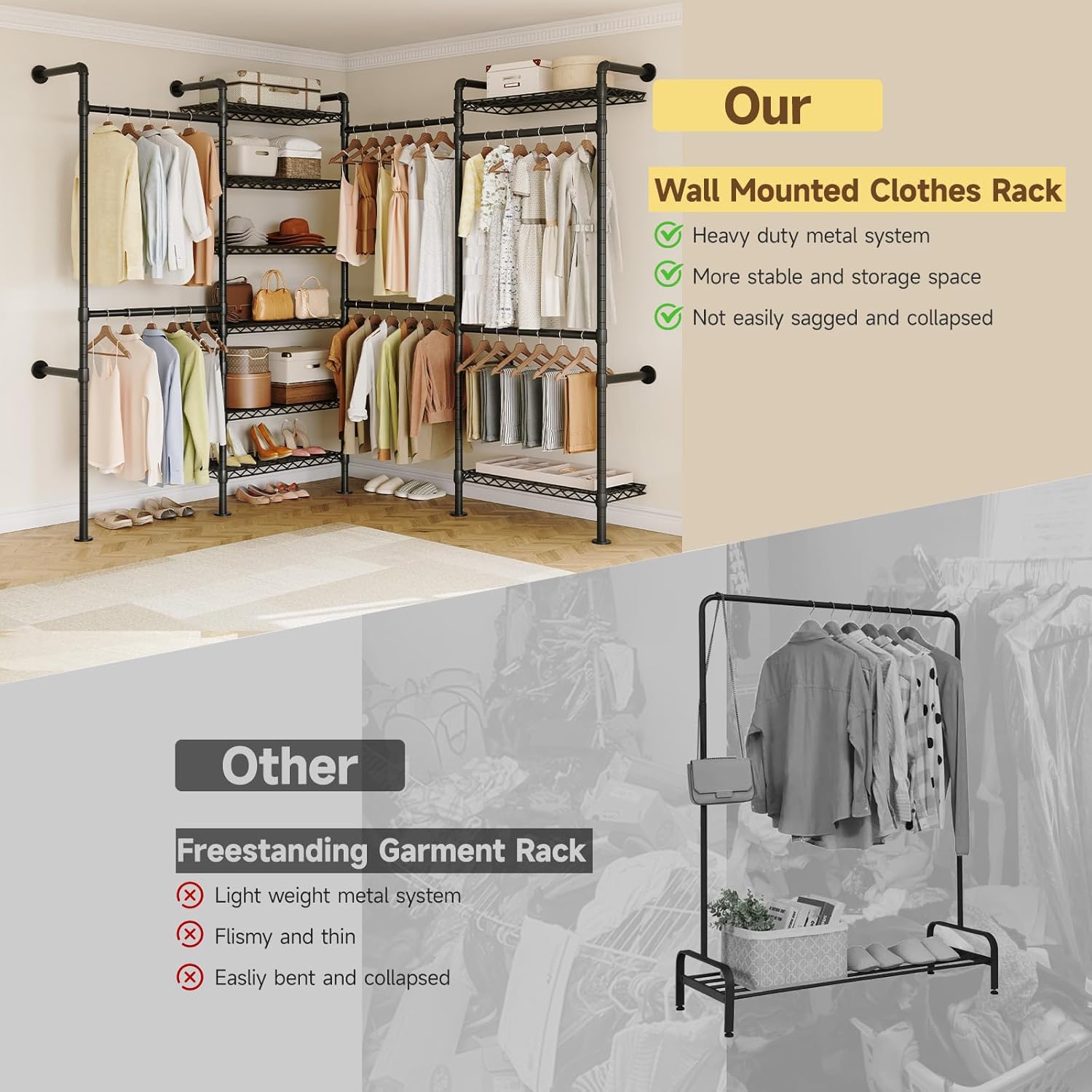 ONBRILL L4 Wall Mounted Industrial Pipe Clothing Rack, Closet Organizer System with 6 Hanging