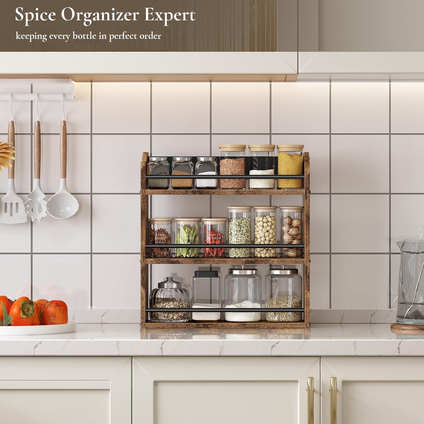 Spice Rack Wall Mounted, Wood 3 Tier Spice Rack for Countertop, Vertical Spice Organizer for Spice