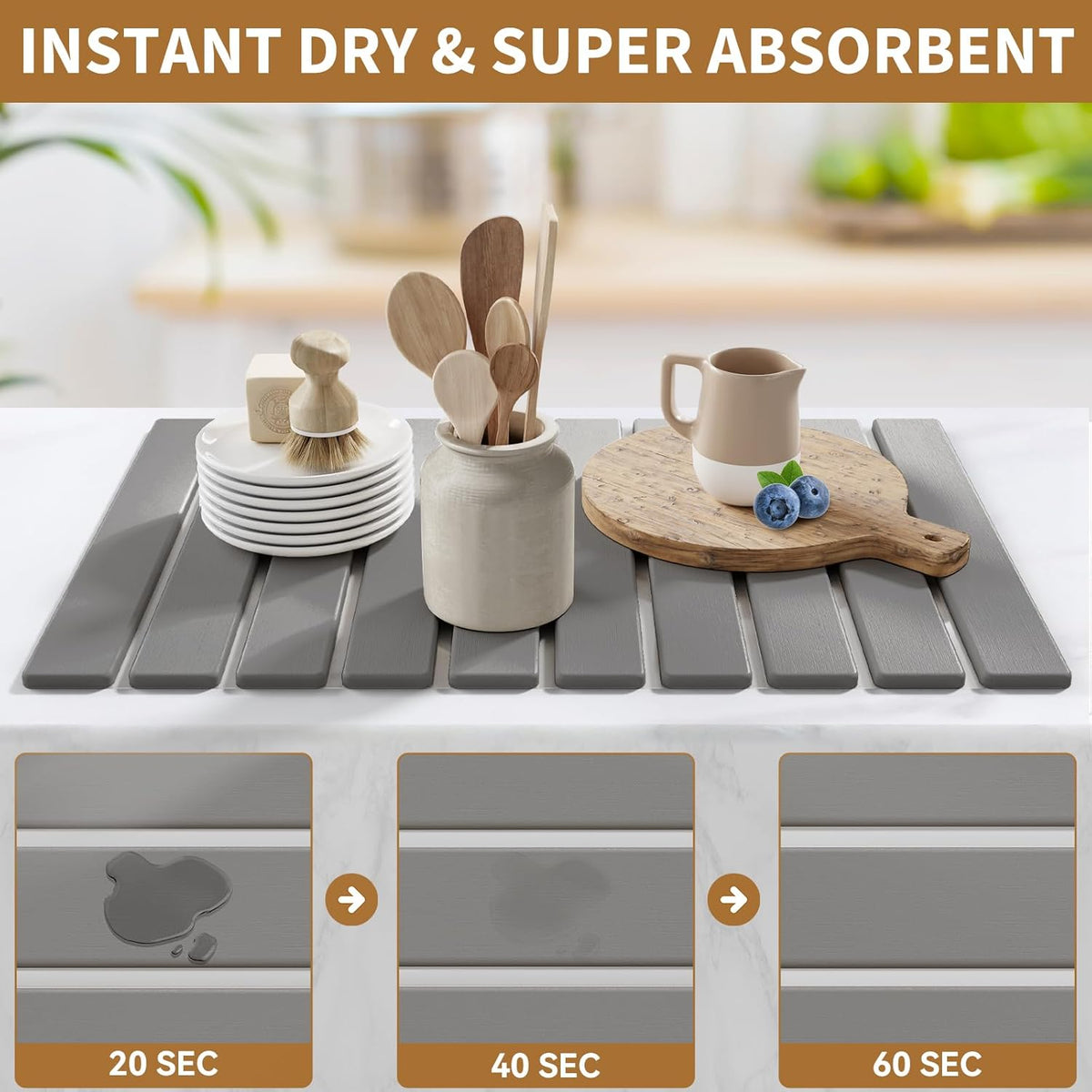 Stone Dish Drying Mats for Kitchen Counter,23.6''x15.3'' Foldable Quick Dry Stone Mat