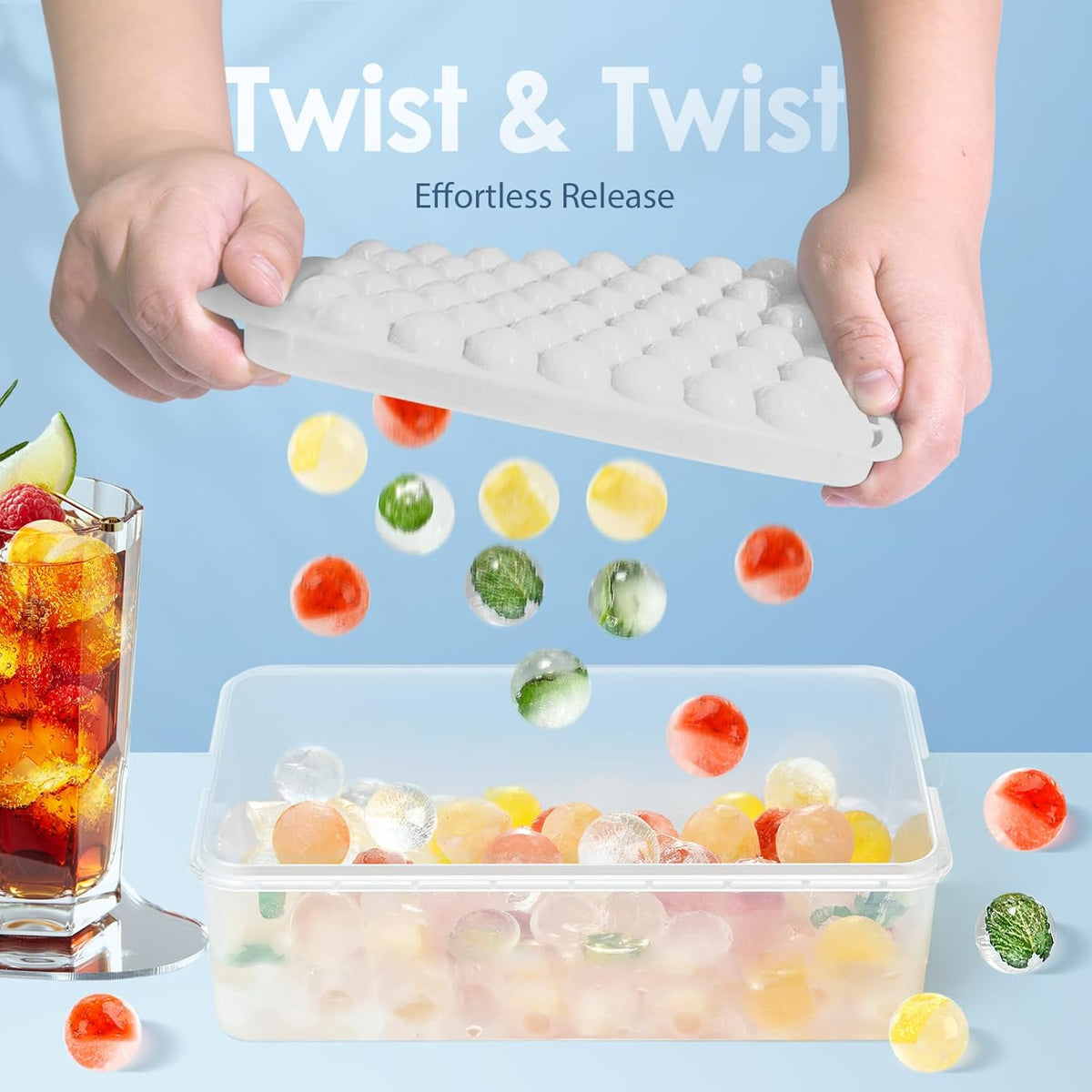 WIBIMEN Ice Cube Tray with Lid and Bin - Round Ice Trays for Freezer with Lid - Ice Cube Trays for