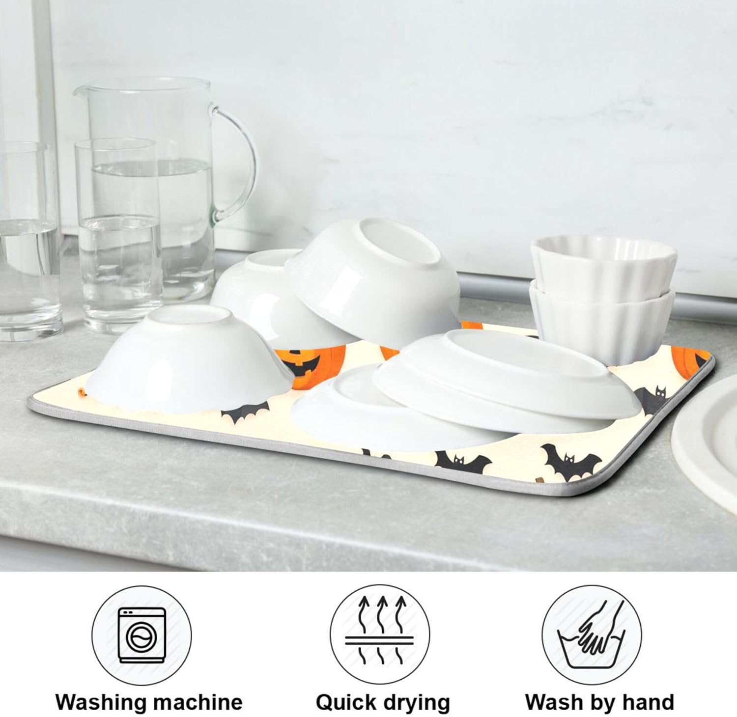 Halloween Black Bat Dish Drying Mat for Kitchen Countertop 16x18 Spooky Evil Pumpkin Lantern Small