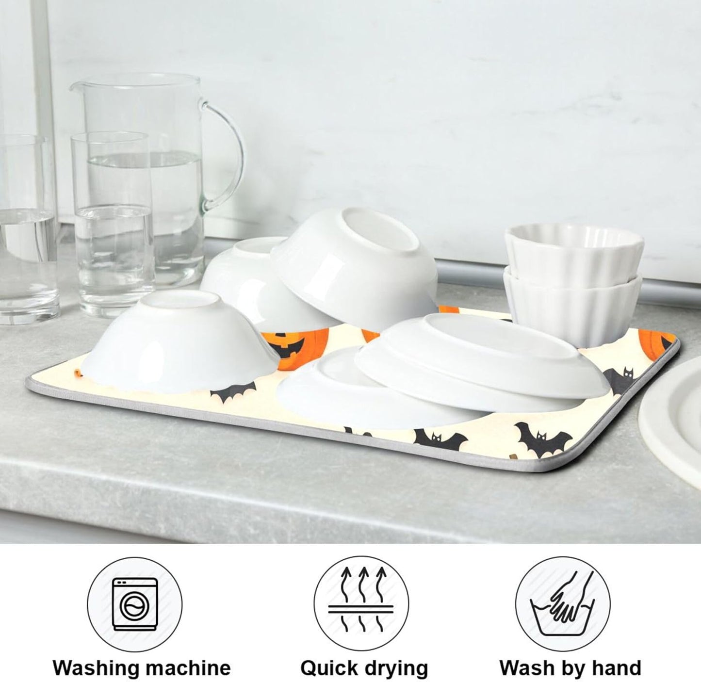 Halloween Black Bat Dish Drying Mat for Kitchen Countertop 18x24 Spooky Evil Pumpkin Lantern Large