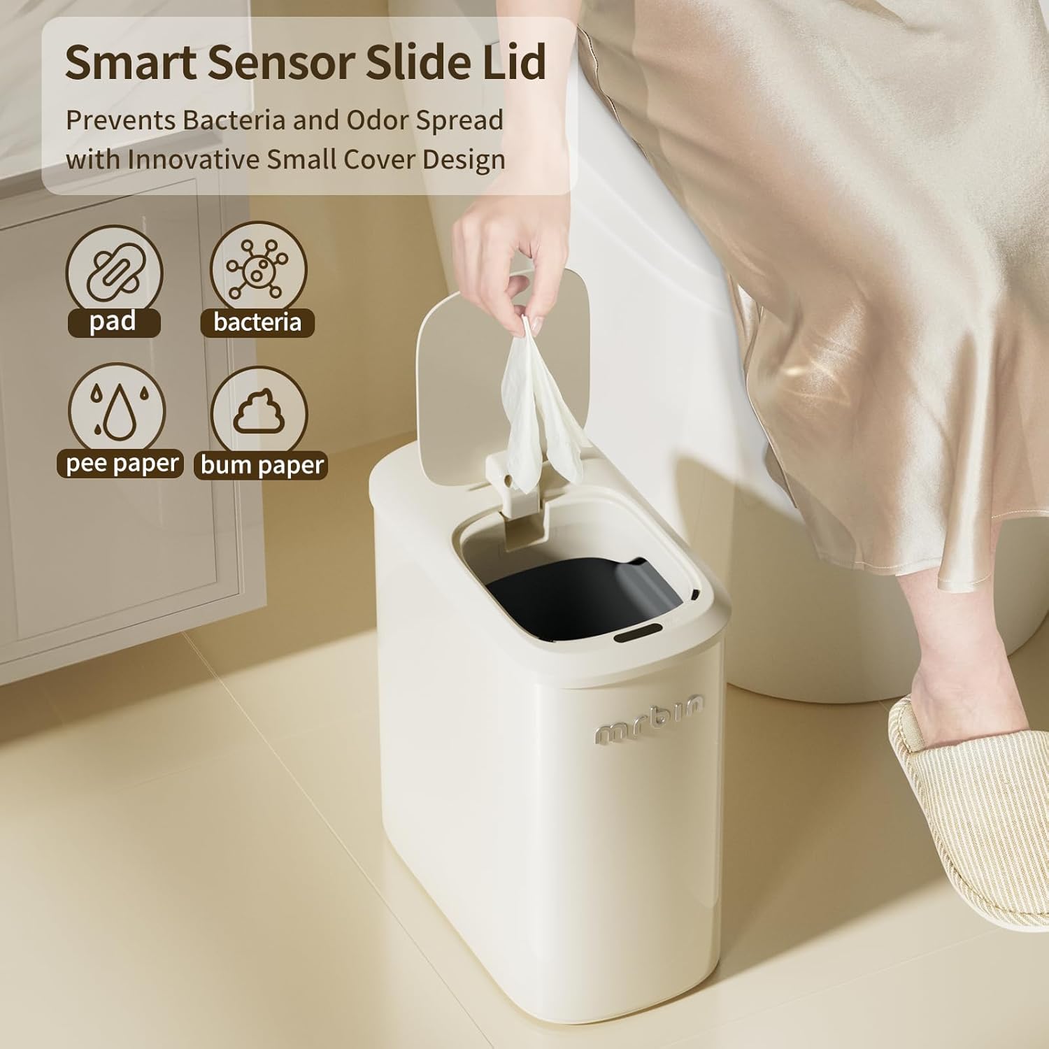 MRBIN Motion Sensor Bathroom Metal Trash Can with Lid and Wheels, 10L/2.6gal Automatic Removable