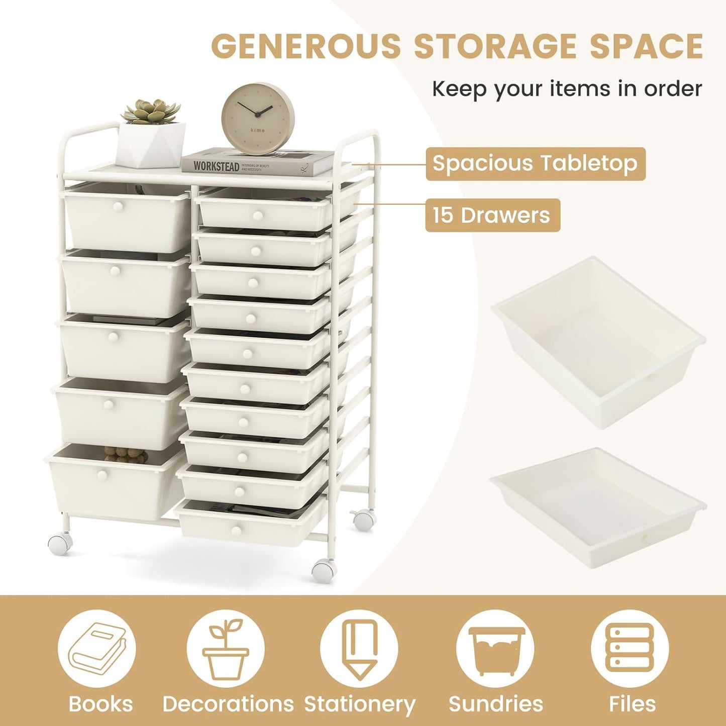 GOFLAME 15-Drawer Rolling Storage Cart, Multipurpose Movable Organizer Cart, Utility Cart for Home