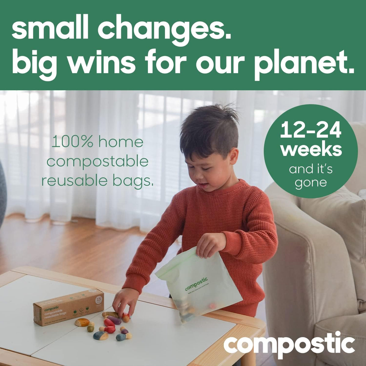 Compostic Home Compostable Resealable Sandwich Bags (7"x7"), Microwave & Freezer Safe, Organic Food