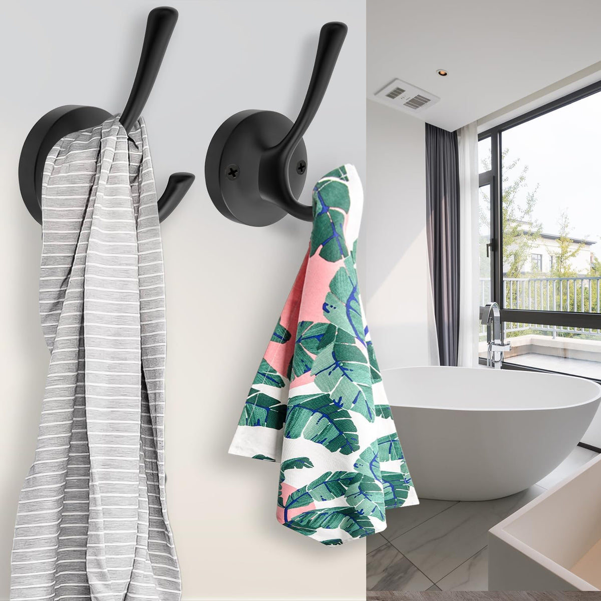 Black Towel Hooks for Wall, 5 Pack Coat Robe Hook Heavy Duty Metal Double Bath Hook Wall Mounted