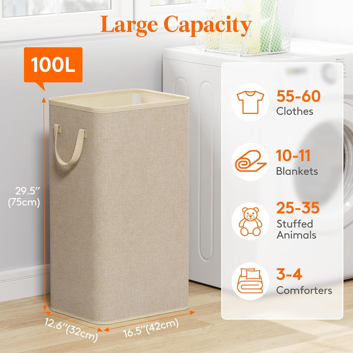 Lifewit 100L Large Tall Laundry Hamper, Collapsible Laundry Basket with Handles, Foldable Clothes