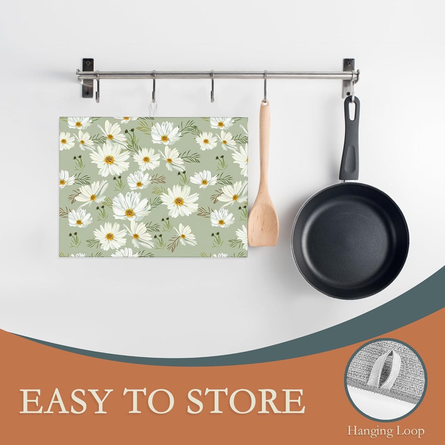White Daisy Flowers Dish Drying Rack Mat for Kitchen Counter, Dish Drying Pad Absorbent Reversible