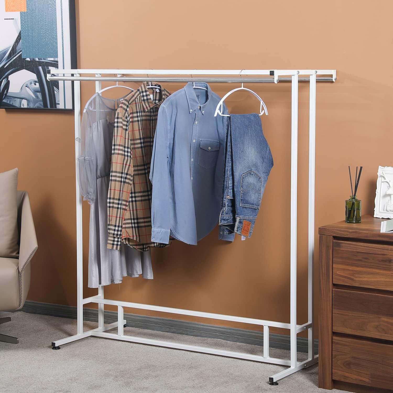 MyGift White Stainless Steel Freestanding Garment Rack, Heavy Duty Double Rod Clothes Rack Clothing