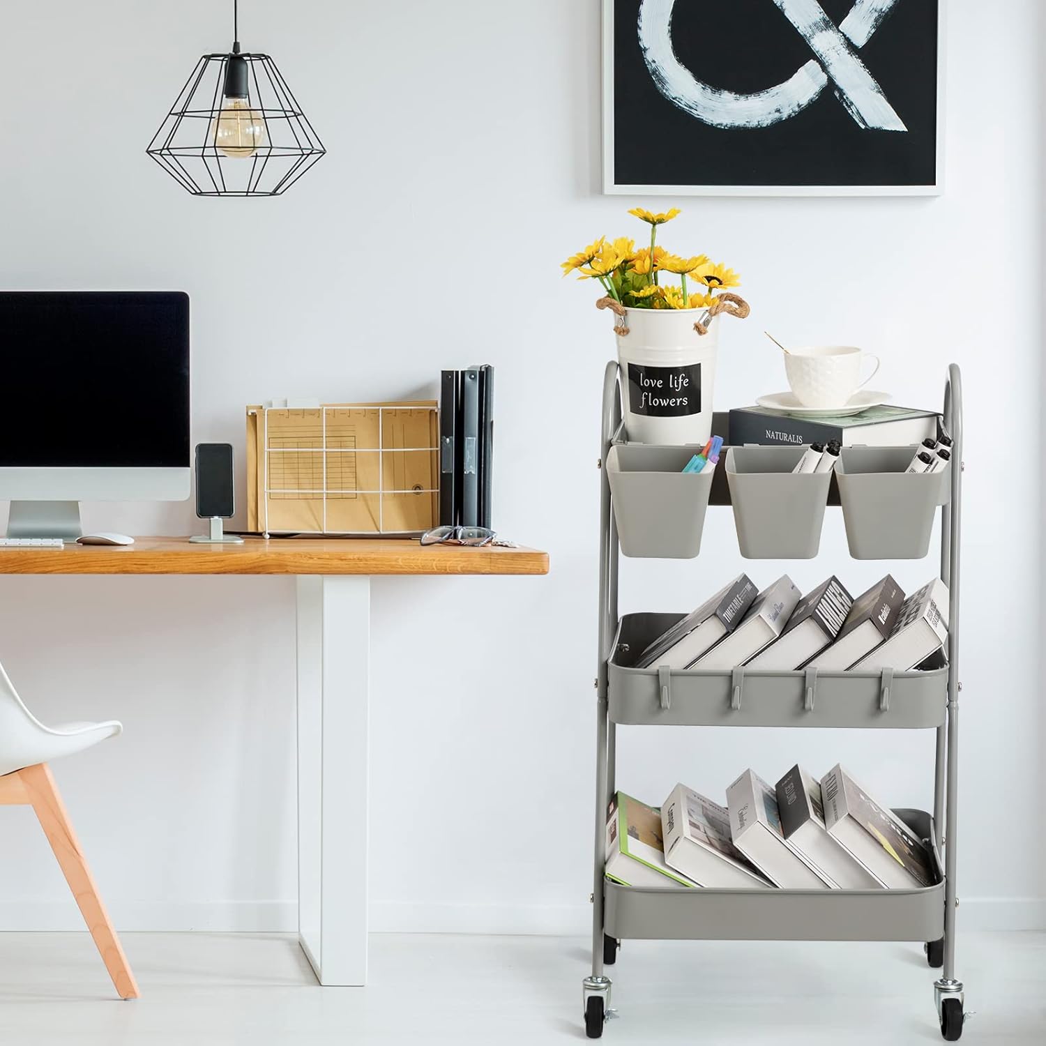 danpinera 3-Tier Rolling Cart, Metal Rolling Storage Cart with Lockable Wheels & Hanging Cups &