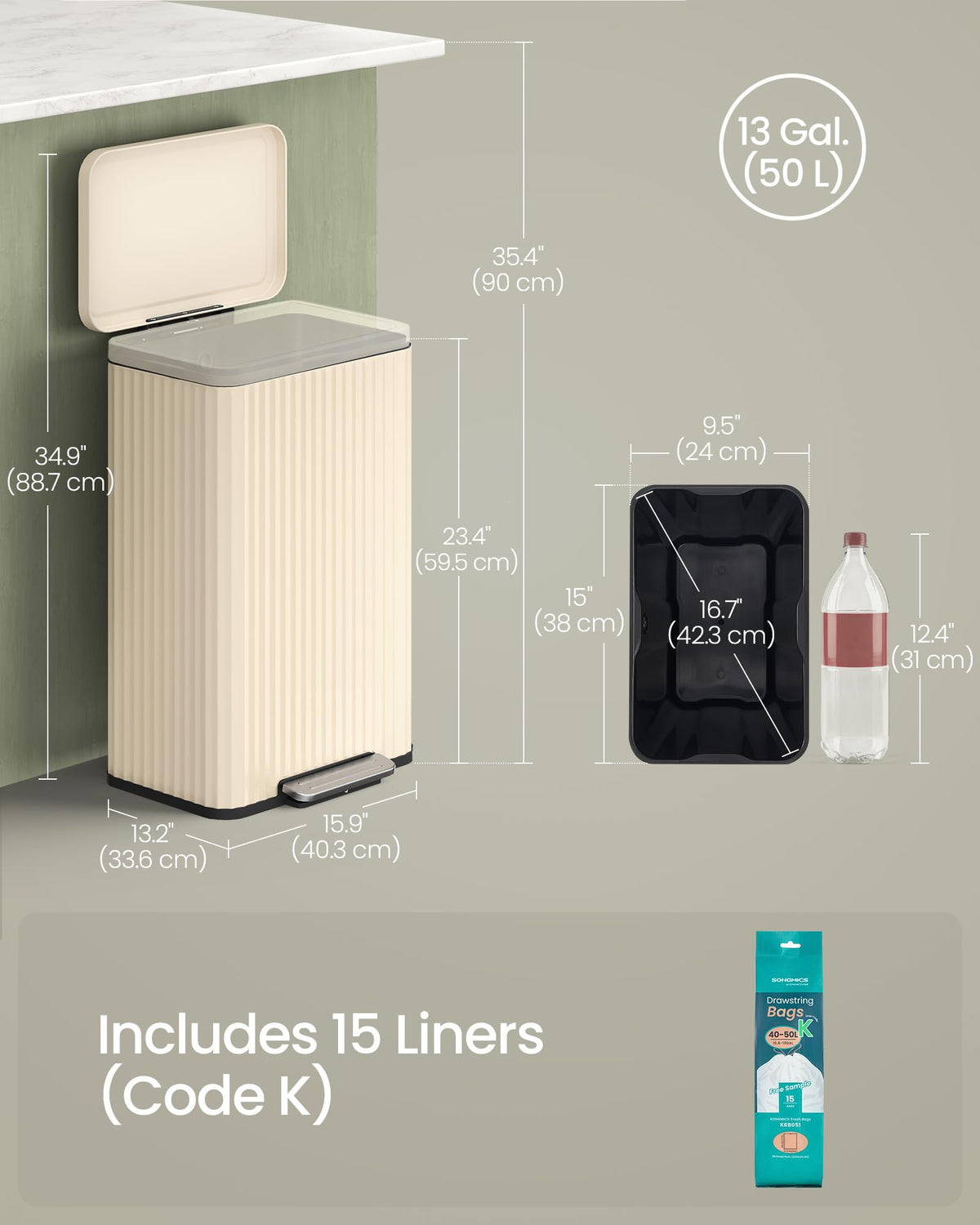 SONGMICS Trash Can, 13 Gallon (50 L) Garbage Can for Kitchen, with Lid, Pedal, and Removable Inner