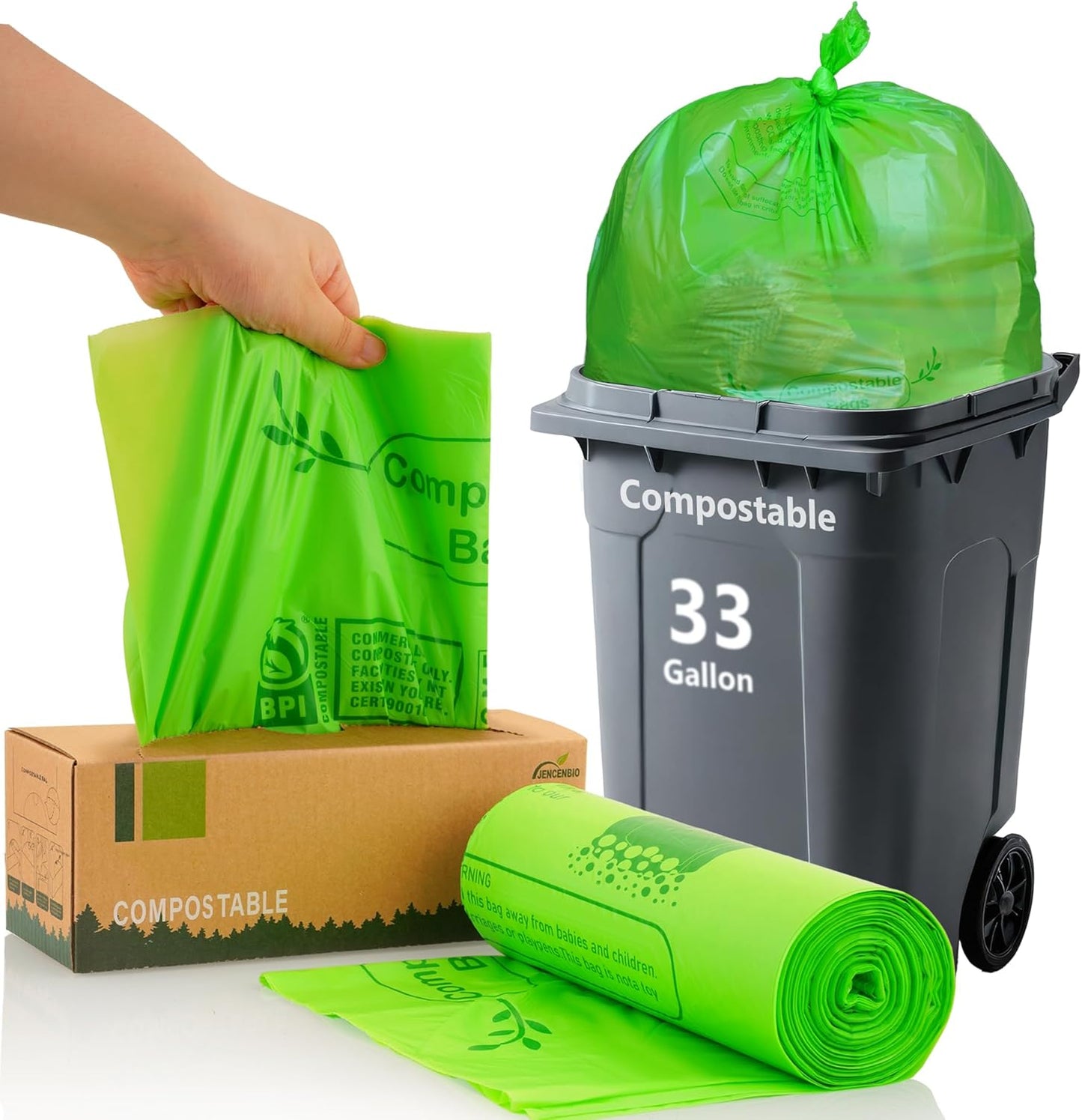 Compost Bags 33 Gallon 125 Liter Extra Thick 1.2 Mils Compostable Food Scrap Waste Bags with US BPI
